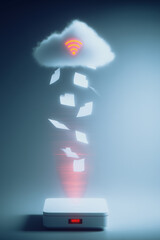 Fototapete - Cloud Storage Transfer: Data file flows seamlessly from cloud storage, symbolizing easy and secure online transfer and illustrating advanced connectivity solutions.