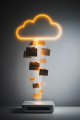 Fototapete - Digital Rain of Data: A luminous cloud showers digital folders onto a central data hub, illustrating the seamless transfer and accessibility of files in a modern, tech-forward design.