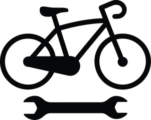 Fototapete - A black bicycle icon above a black wrench on a white background in a simple graphic design