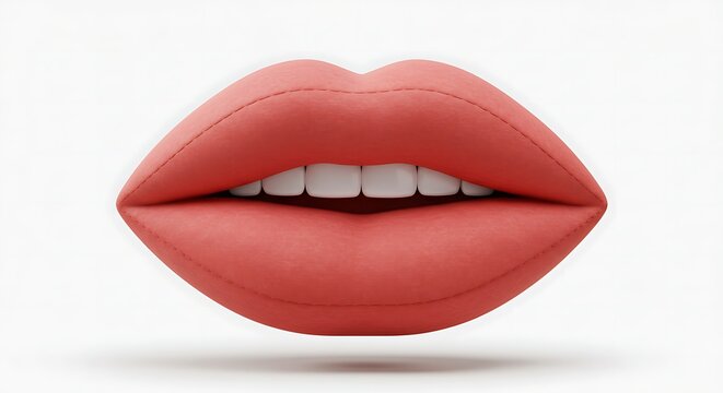 A vibrant, plush rendering of full coral-colored lips slightly parted, revealing perfect white teeth, set against a clean white background with a soft shadow.