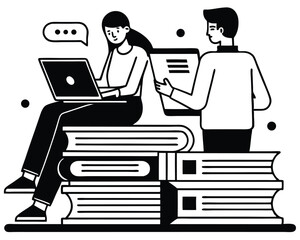 Fototapete - Illustration of two students working together on a laptop and papers with stacks of books.