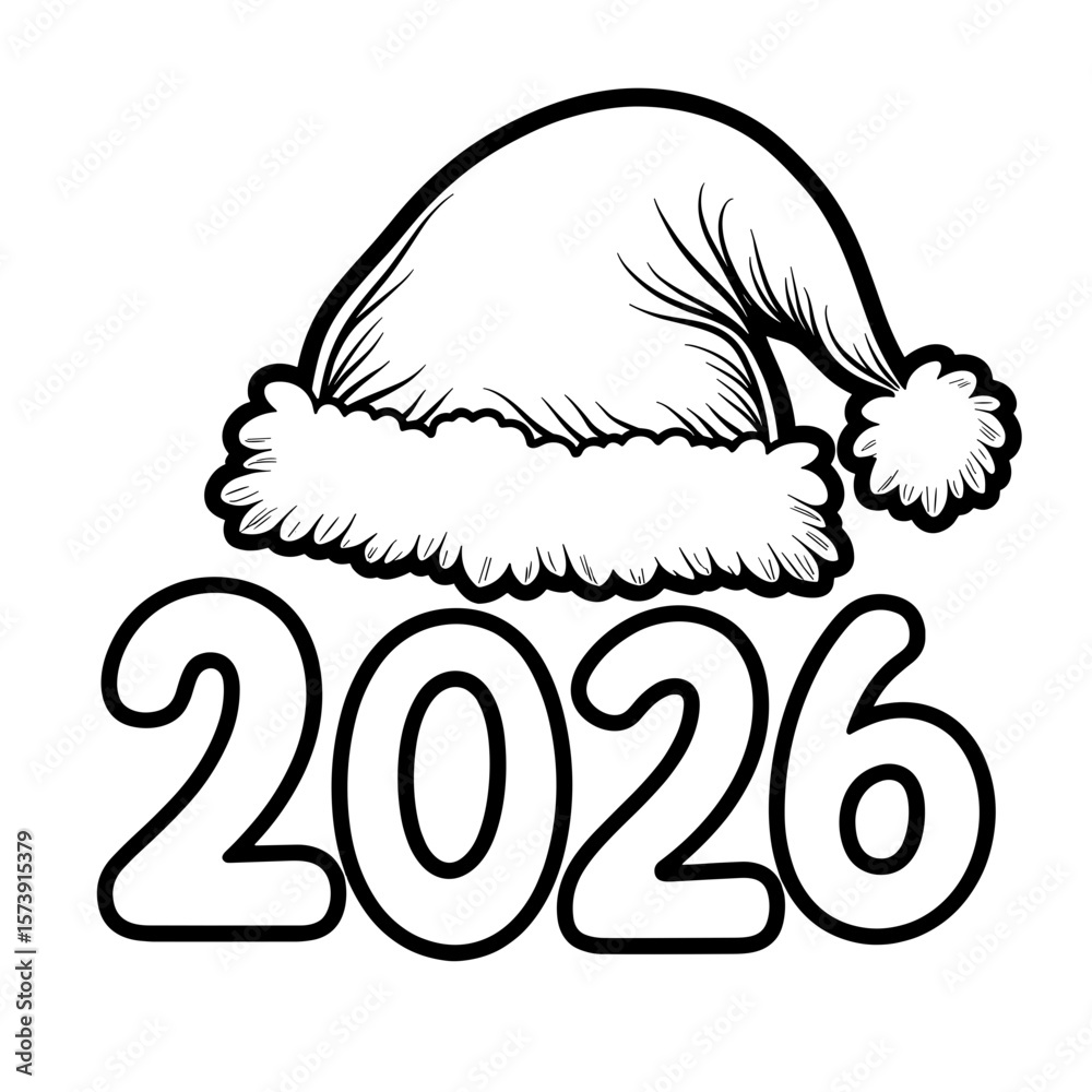 Santa Loading Vector 2026 Santa hat on 2026 text outline, festive holiday coloring activity for ...