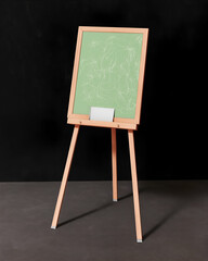 Poster - Wooden Easel Holding Pale Green Board with Abstract White Lines. Mock up promotion information for marketing announcements and details, blank white space
