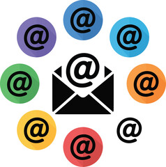 Fototapete - A central black envelope surrounded by colorful circles with at symbols on a light gray background