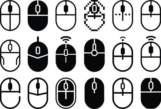 A collection of computer mouse icons displayed in rows on a light gray background showcasing various designs