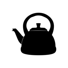 Poster - A black silhouette of a teapot with a rounded body handle and spout isolated on a white background