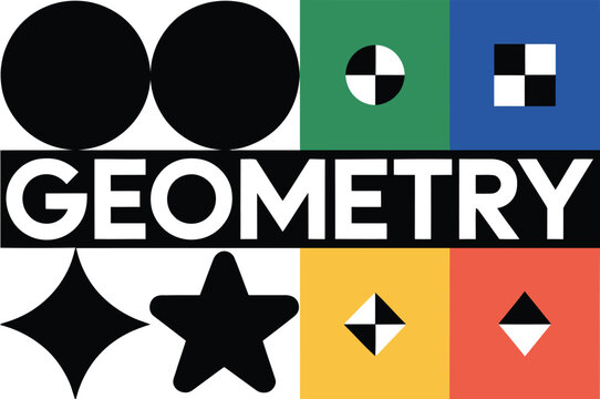 Geometry text with geometric shapes including circles star squares and diamond on a white background