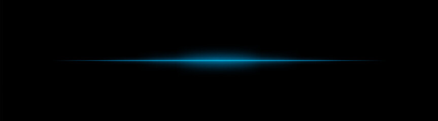 Wall Mural - thin blue laser beam across dark background with glowing center. minimalistic horizontal light effec