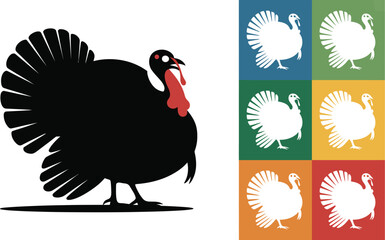 Fototapete - A graphic illustration featuring a black turkey silhouette and multiple white turkeys on squares