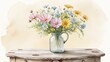 © mas - A watercolor painting of wildflowers in a glass jar on a rustic table.