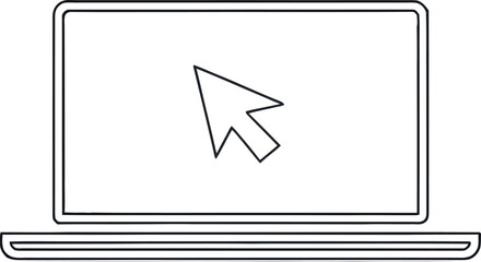 Fototapete - A simple line drawing of a laptop with a cursor on the screen against a plain white background space
