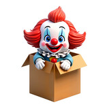 Cartoon clown with red hair smiling from a cardboard box