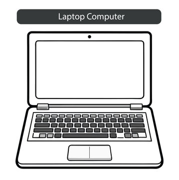 Simple black and white illustration of an open laptop computer on a white background