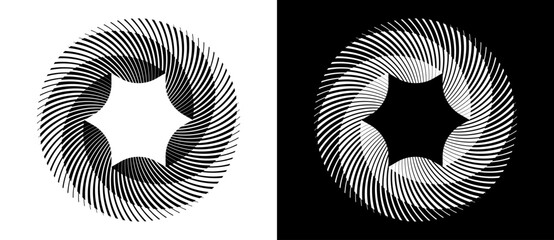 Poster - Abstract background with lines in circle. Art design spiral as logo or icon with 6 parts. A black figure on a white background and an equally white figure on the black side.