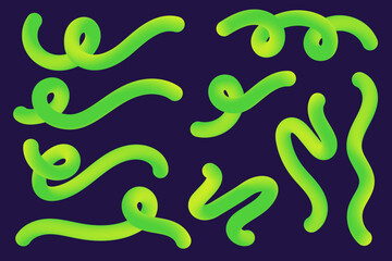 Poster - 3d green gradient lines. Abstract wavy and squiggle vector organic shape on dark background. Swirl dynamic trendy elements set with neon gradation. Holographic vibrant color.