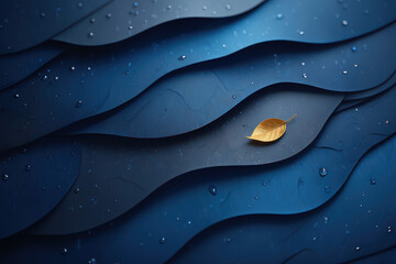 Fototapete - Golden leaf resting on blue layered surfaces with water droplets in a calming composition