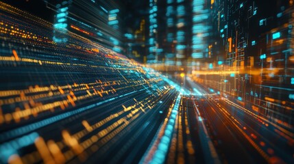 Futuristic digital highway data stream, city backdrop, tech concept