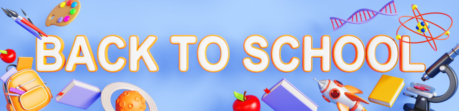 3d back to school banner with backpack, book, apple, rocket, planet, microscope, dna, atom, brush, paint on blue background. Educational supplies for student return, learning concept. 3D illustration