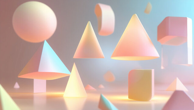Geometric shapes abstract background rendering cone cube sphere pastel color gradient design modern art