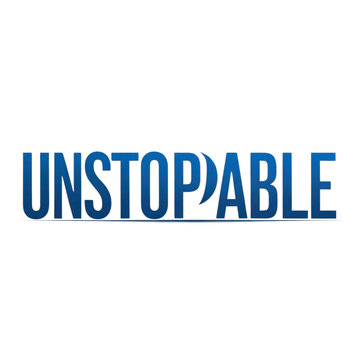 Bold blue 3d text spelling out the word unstoppable with a subtle gradient and shadow effect