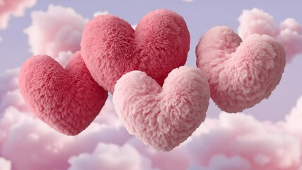 Poster - Group of pink stuffed hearts are floating in the sky. Concept of love and warmth, as the hearts are soft and fluffy, and their pink color is associated with affection and tenderness