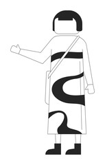 Poster - Faceless asian woman in artistic dress with shoulder bag 2D line character. Street fashion. Japanese girl gesturing with one hand isolated vector ink outline person. Monochromatic spot illustration