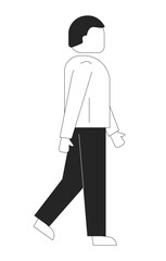 Poster - Faceless man walking side view 2D line character. Caucasian male figure in casual wear. Modern everyday asian guy isolated vector ink outline person. Monochromatic spot illustration