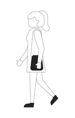 Poster - Blonde ponytail woman walking with purse 2D line character. Side view modern lady wearing dress and carrying handbag isolated vector ink outline person faceless. Monochromatic spot illustration