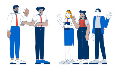 Poster - Diverse team greeting new employee doodle cartoon illustration. Manager introducing. Office colleagues welcoming newbie 2D flat characters isolated on white. Doodleart hand-drawn drawing colorful