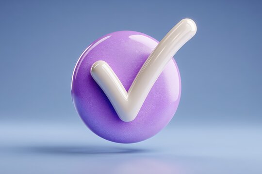 Complete Affirmation: A photorealistic 3D rendering of a round, lavender icon featuring a white checkmark, set against a soft blue background, symbolizing acceptance, validation, and correctness.
