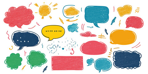 Poster - Colorful crayon drawn speech bubble set with doodle style chat balloons hand drawn chalk texture vector illustration for communication design