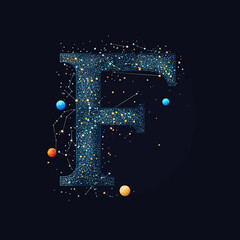 Poster - Letter F composed of starry night sky with constellations and colorful planets in abstract space design on dark background vector illustration