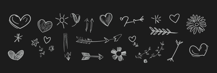 Poster - Hand drawn white chalk doodle heart star arrow flower decorative elements collection on blackboard background simple sketch vector illustration