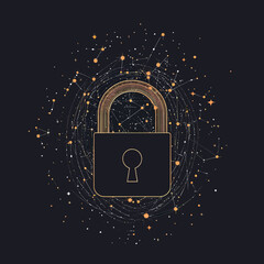 Poster - Abstract digital padlock with connected starry sky points and lines network on dark background symbolizing security technology and data protection concept vector illustration