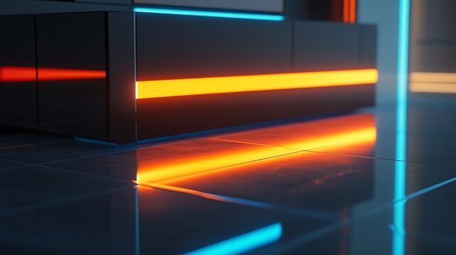 Abstract scene with dark blocks and bright horizontal neon light reflections