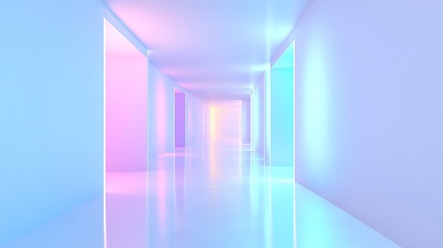 A pastel colored hallway with light shining at the end of the tunnel view