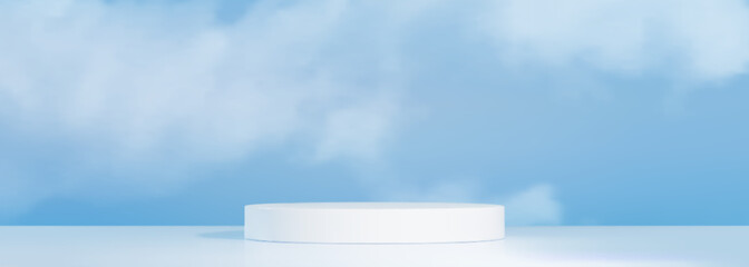 Poster - Blue sky background with soft cloud formations and white cylinder platform display - minimal product stage for cosmetic presentation, beauty showcase stand and clean mockup scene design composition.