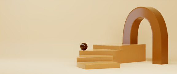 Poster - Minimal geometric stair podium display - brown platform steps with arch backdrop and sphere accent for product presentation, fashion or cosmetic showcase. Modern 3d scene for elegant commercial stage