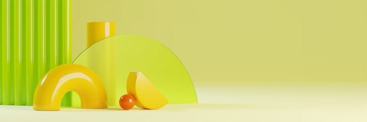 Poster - Playful kid display podium scene - bright green and yellow geometric shapes with glossy glass arch, circles on sunny bg. Abstract 3d composition for children product showcase, toy presentation