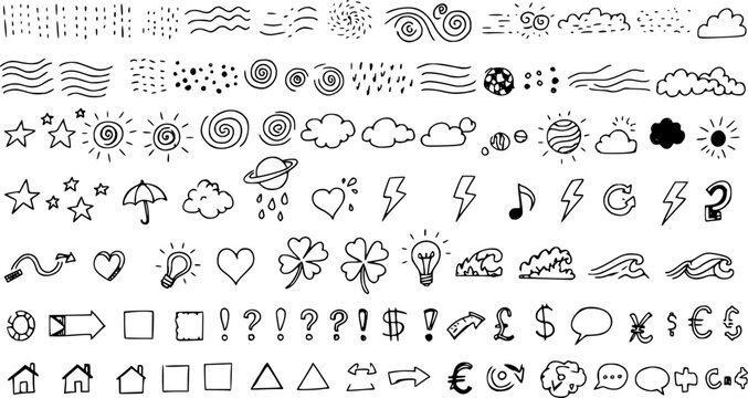 Сollection of various black doodle elements, manga-style illustration pictogram icon set. EPS 10 version.