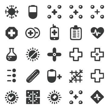 Collection of black and white medical icons illustrating healthcare and health related symbols