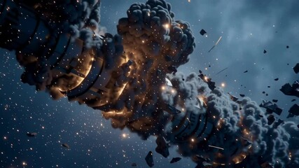 Wall Mural - A large explosion in the sky with a lot of debris. The sky is dark and cloudy