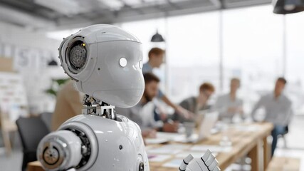 Aufkleber - A robot is standing in front of a group of people. The robot is white and has a human-like face. The people are sitting at a table with laptops and papers. Scene is serious and focused