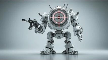 Poster - Robot holding a gun symbolizing precision and targeting in an advanced technological environment for alpha analysis. Futuristic AI Targeting Robot – Animated Video Version