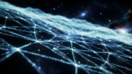 Abstract technology mesh with particle nodes over blurred cosmos background