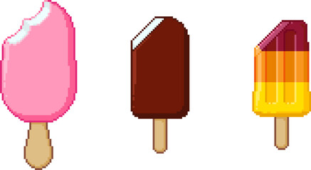 Fototapete - Pixel art ice cream set. 8-bit style frozen treats on sticks - fruity and layered popsicles, chocolate covered bars. Retro dessert graphics for summer themes and game UI.