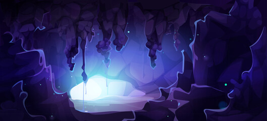 Wall Mural - magic cave interior with glowing blue light streaming through entrance, purple stalactites hanging o