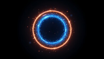 Fototapete - Abstract glowing rings sparkle against a dark backdrop, blue and orange light emanate outwards.