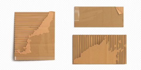 Poster - Brown torn cardboard sheets with ripped edges and corrugated texture - recycled paper pieces of damaged packaging material. Realistic kraft envelope fragments for shipping or eco friendly designs.