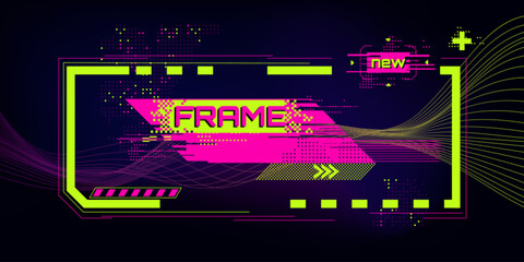 Leinwandbilder - Cyberpunk glitch frame with neon pink banner - bright green border, flowing wave lines, dotted textures and new label. Digital interface design for streaming overlays, gaming ui or tech presentation.